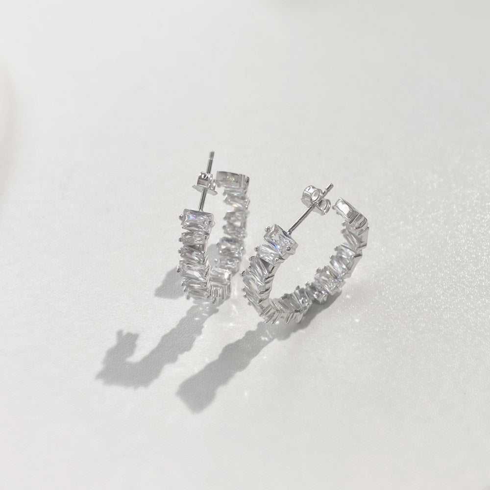 Curved zircon silver earrings - Hastella.J