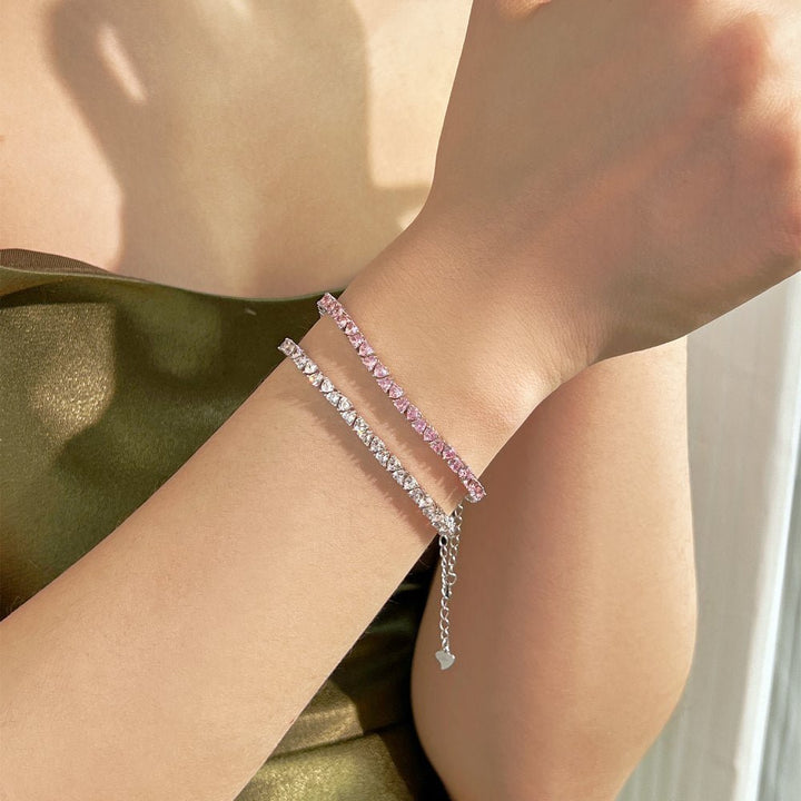 Heart-shaped zircon tennis love pink diamond bracelet - Hastella.J