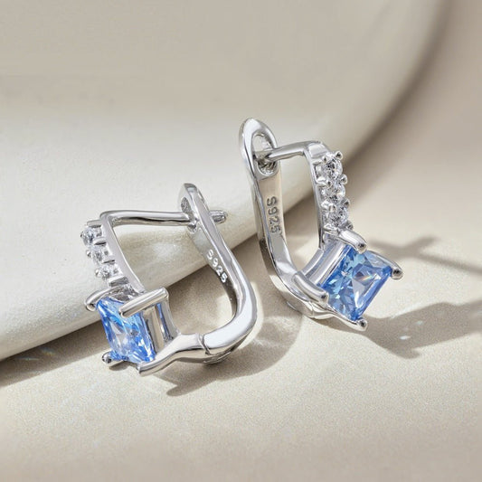 Inlaid square blue zircon U-shaped earrings - Hastella.J