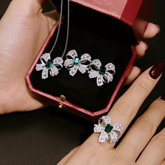 Silver bow gemstone emerald set - Hastella.J