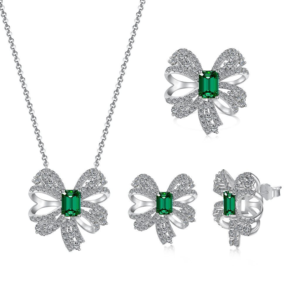 Silver bow gemstone emerald set - Hastella.J